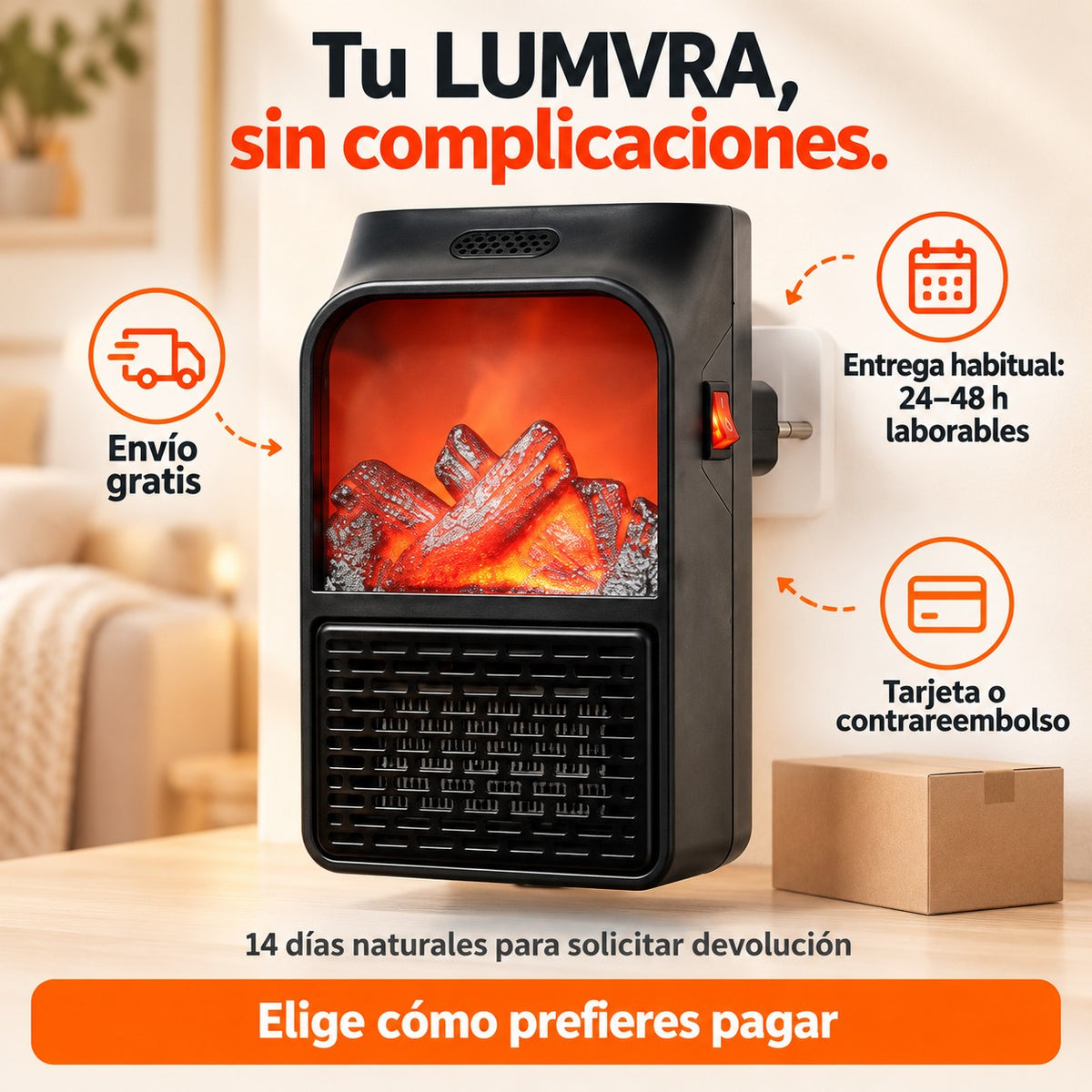 Calefactor Eléctrico Portátil Enchufable 1000W Lumvra™